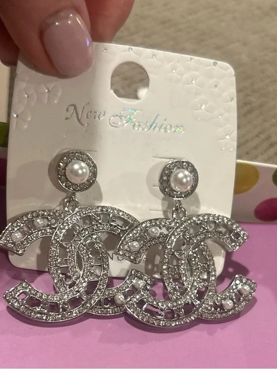 Fashion Jewelry Silver-Tone Pearl & Crystal Interlocking Logo Drop Earrings - Picture 2 of 3